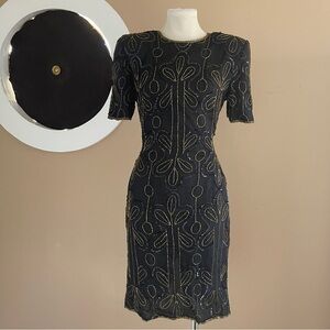 Vintage J.M.C 100% Silk Black Beaded Cocktail Dress Size M